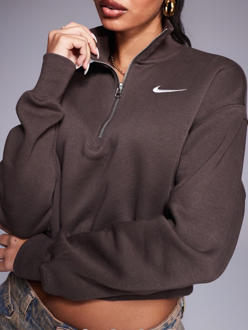 NIKE NSW PHOENIX FLEECE OVERSIZED HALF-ZIP CROP HOODIE Brown - Picture 1 of 5